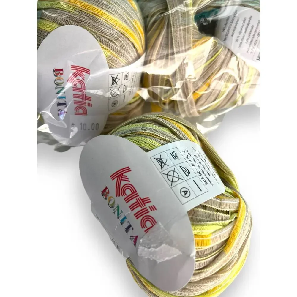 3 Skeins Katia BONITA Ribbon Yarn | Color #12 Yellow, Green, Tan